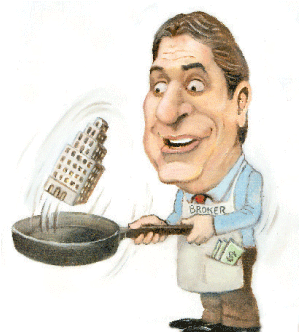 cartoon of realtor flipping a condo in a pan.