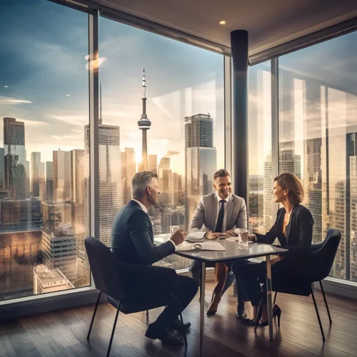 a couple sitting with a real estate lawyer going over their agreement of purchase and sale.