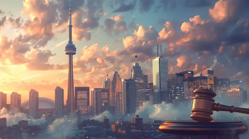 toronto skyline with a judges gavel indicating the importance of choosing a good real estate lawyer in the city.