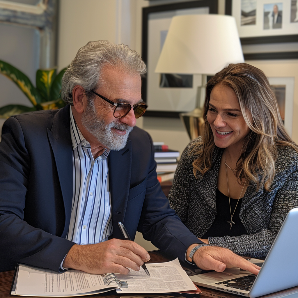 real estate lawyer and client getting to know each other, going over documents, and reviewing the lawyers track record.