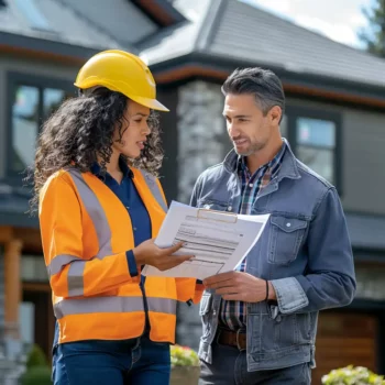 a female home inspector standing in front of a home going over the report with a potential real estate buyer.