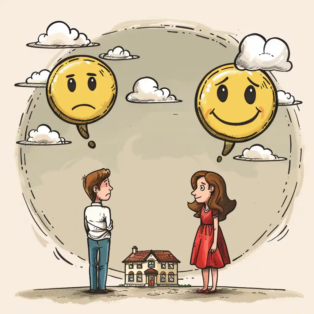 depiction of a couple buying a home when one partner is having buyers remorse of purchasing the home.