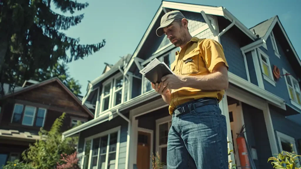 home inspector in front of a suburban Toronto home, finalizing the inspection report to submit to the buying party.