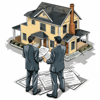 Animated lawyers discussing the terms of a listing agreement in front of a Toronto home.