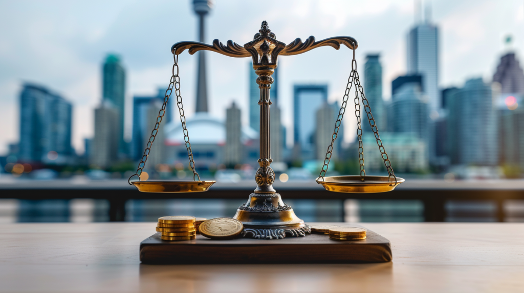 The scales of justice with gold coins signifying real estate agent commission at the base and the Toronto skyline in the background.