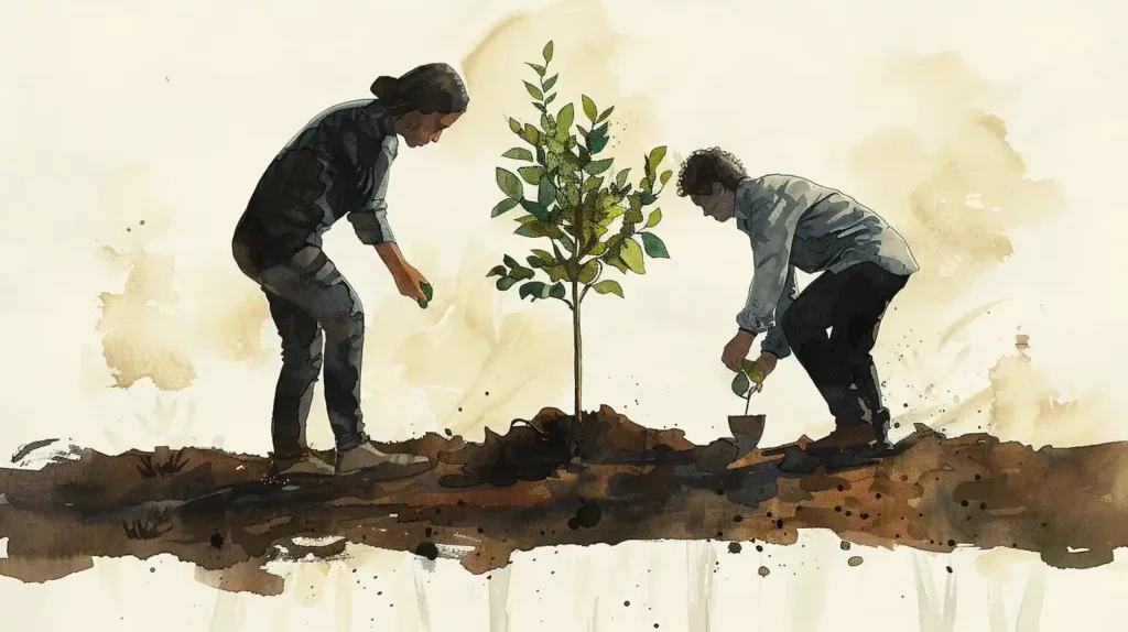 2 people planting a tree to symbolize acting in good faith with one another.