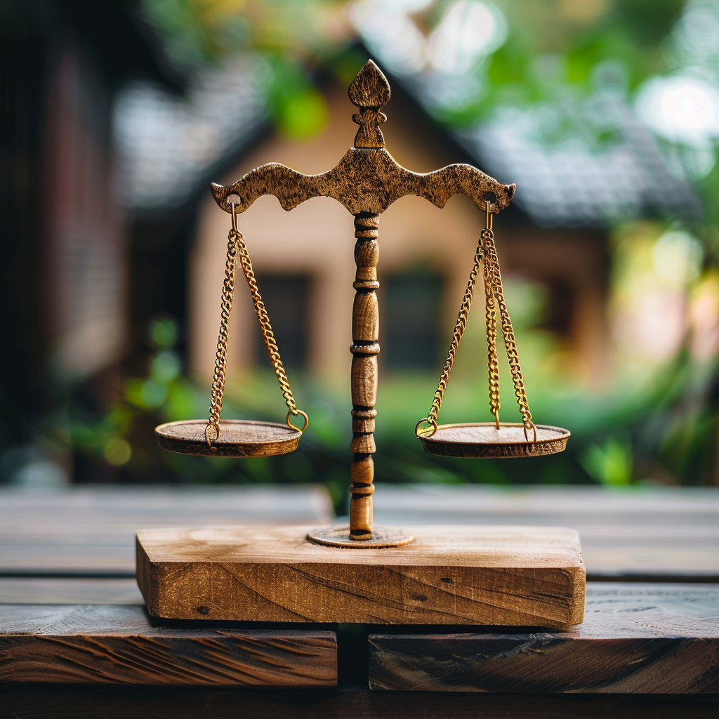 scales of justice on a wood base in front of a Toronto home.