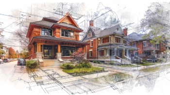 toronto home with blueprint overlay indicating a renovation or build