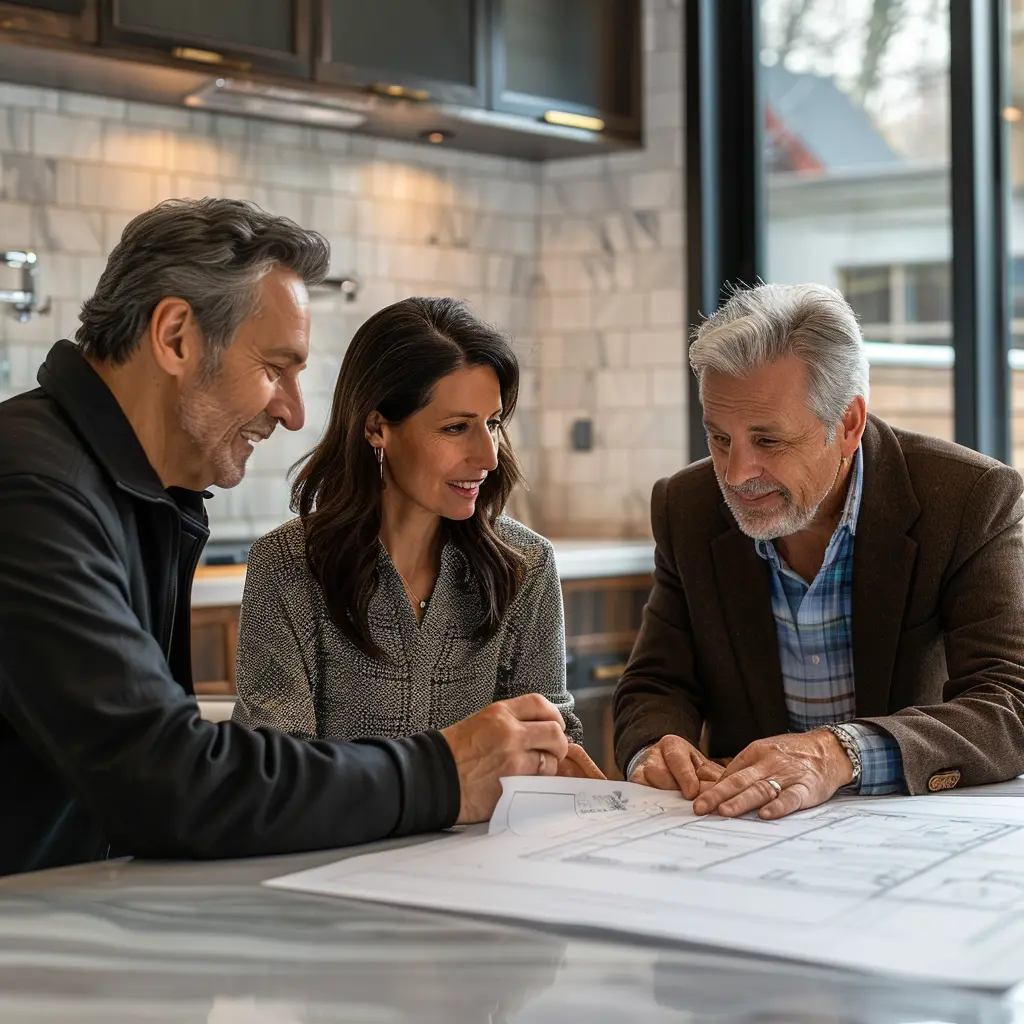 couple going over plans and renovation blueprints with contractor for updates on their Toronto Ontario home.